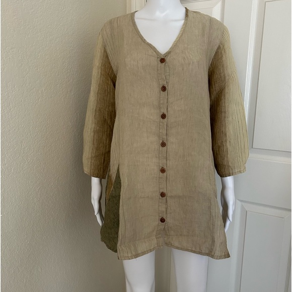 Flax Tops - Flax- Striped Linen tunic Button down with 3/4 sleeves Earthy Tones Size S